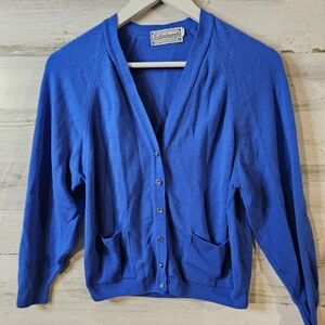 100% Lambs Wool Cobalt Blue Sweater Washable Womens Small Grandpa Sweater Button